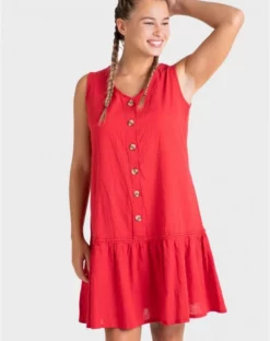 Robe De Plage Boutonnée Sans Manche 100% Coton Rouge Uni Massana
