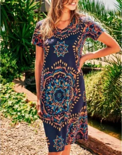 Robe De Plage Manches Courtes 100% Coton Imprimé Floral Massana