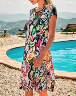 Robe De Plage Manches Courtes Imprimé Multicolore Massana